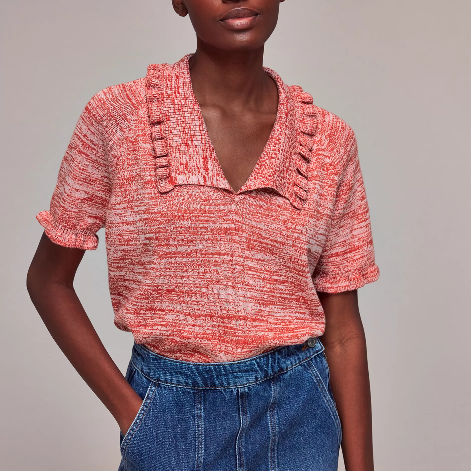 Women Whistles Tops | Frill Collar Short Sleeve Knit