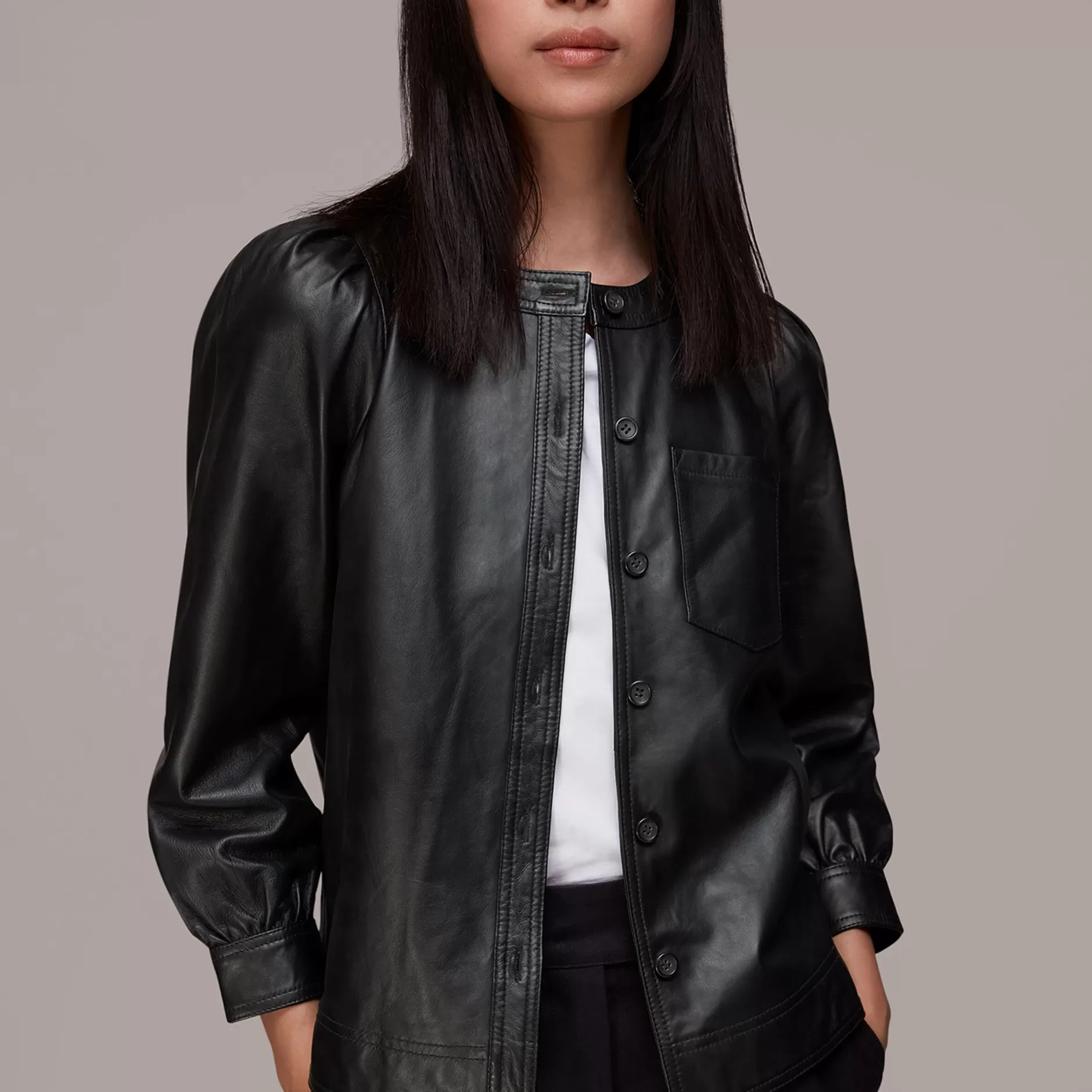 Women Whistles Tops | Leather Gathered Sleeve Shirt