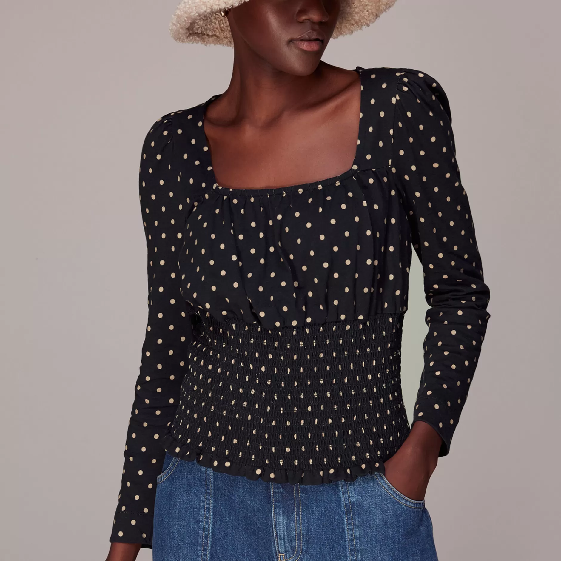 Women Whistles Tops | Spot Square Neck Shirred Top