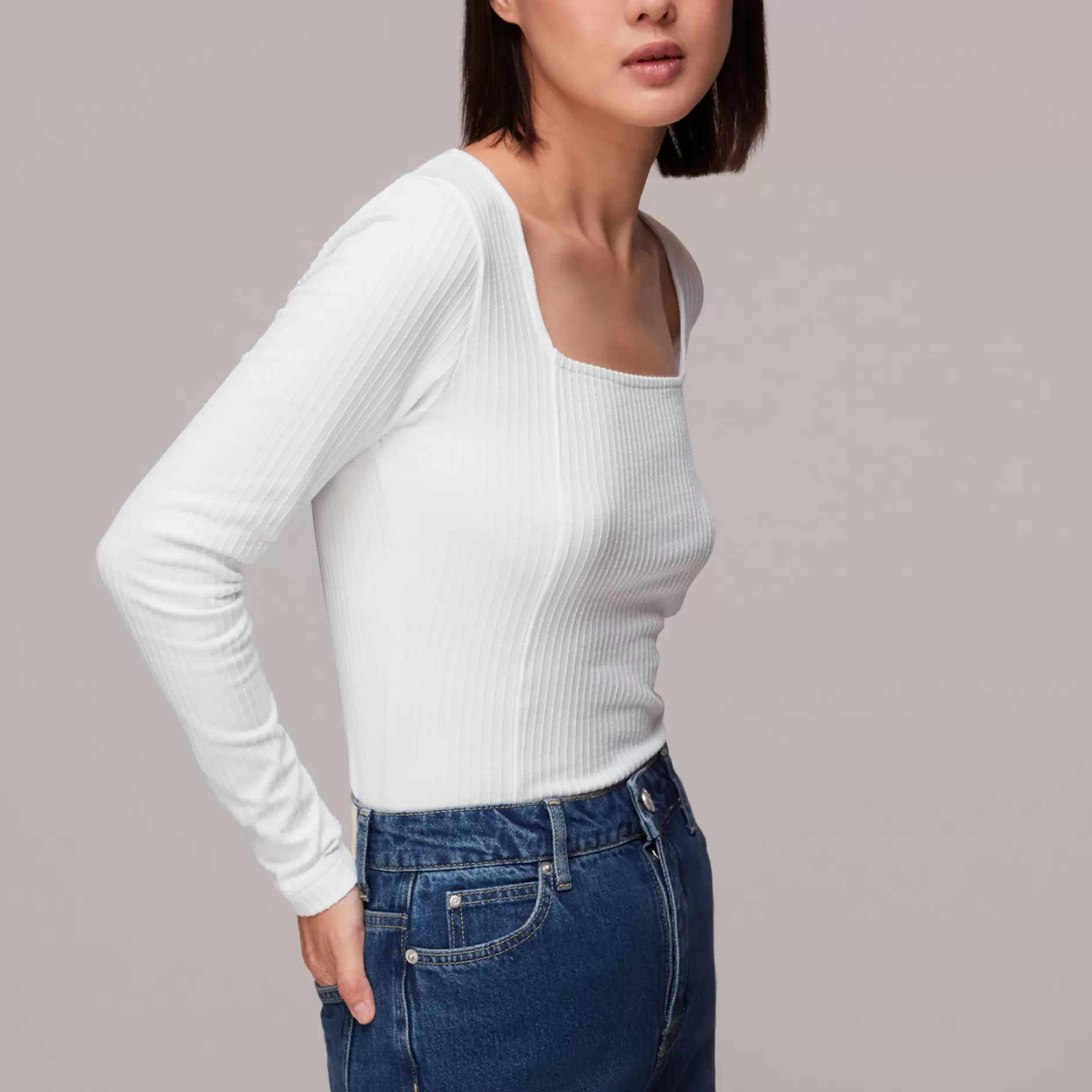 Women Whistles Tops | Square Neck Long Sleeve Rib